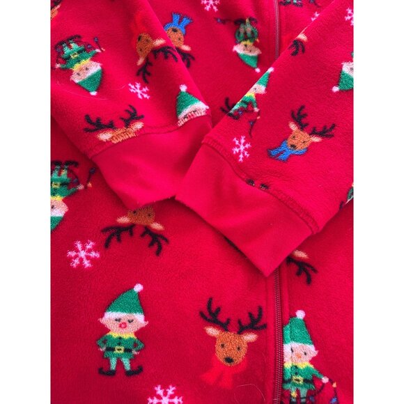 Fleece Hooded Christmas Bodysuit Mens L Red Elf Reindeer Print Family PJs Macys - Picture 5 of 7